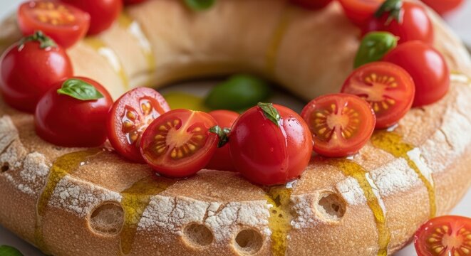 Close-up of frisella pugliese with fresh tomatoes and basil, drizzled with olive oil