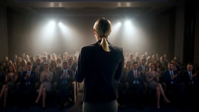 Poised Female Executive Presents Detailed Strategy To Corporate Stakeholders In Formal Setting