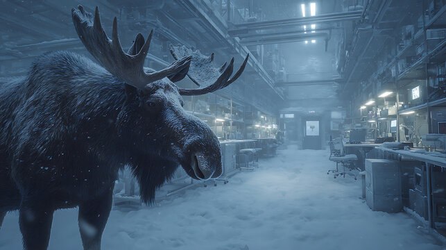 A magnificent, snow-covered moose stands stoically in a wide-shot of a long, futuristic laboratory hallway, which is also strangely covered in a thick blanket of snow. This thought-provoking image ble