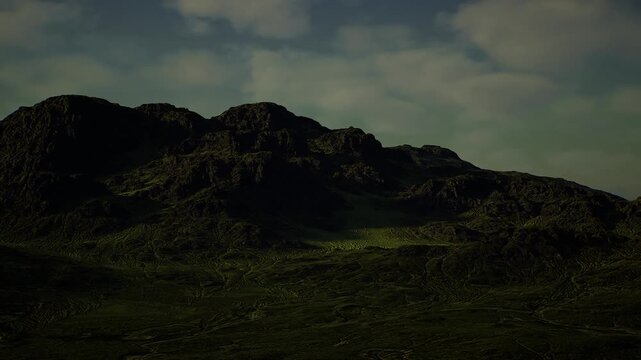 moody rocky ridge at twilight, low light and heavy cloud layer creating deep shadows, dense low scrub and boulderstrewn slopes, cinematic color grading, strong