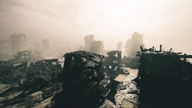crepuscular light silhouettes structures and mounds of salvage, warm dusk beams cut through haze, scattered shacks and wreck piles form textured foreground,
