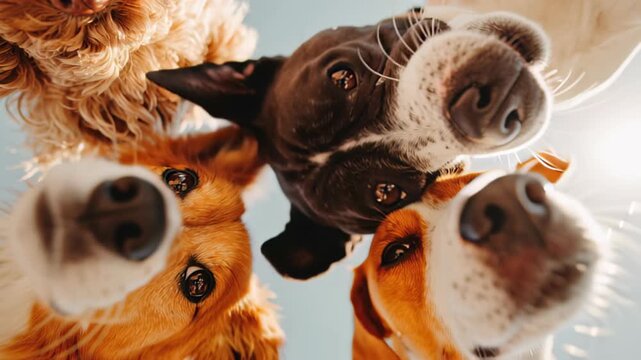 Curious dogs looking down into camera with paws and noses in focus