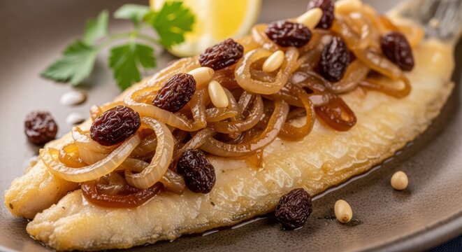 Traditional Saor style lagoon fish dish with onions, raisins, and pine nuts