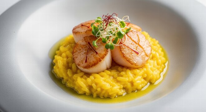 Gourmet seared scallops atop vibrant saffron risotto with delicate microgreens