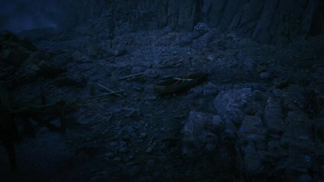 moonlit skiff resting on rocky shore, scattered pebbles and calm tide under bluish night tones, melancholic solitude evoking travel and memory narratives.