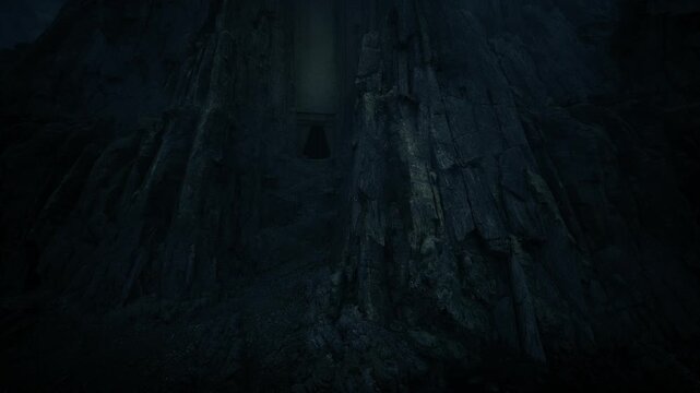 ancient stone aperture cut into towering rock face, lowkey lighting and textured grooves, evocative lore setting for game concept art or fantasy editorial,