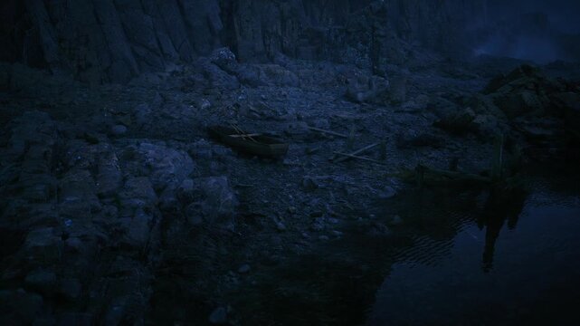 Cliffside debris whispers of tragedy. Remnants echo tales of maritime disaster past. Dark coastal scene hints at vanished vessel and ghostly memories