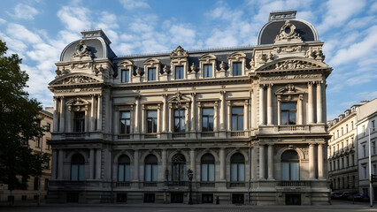 Fototapeta premium A large stone building stands under a blue sky with clouds in Europe.
