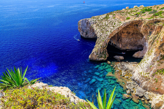 Blue Grotto, Malta. Natural stone arch and sea caves.