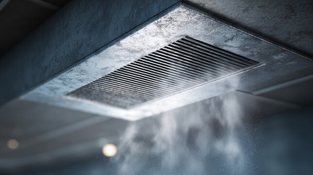 Ceiling vent with dust and airflow during air duct cleaning and filter change, showing grille, duct opening, dust particle and ventilation maintenance action.