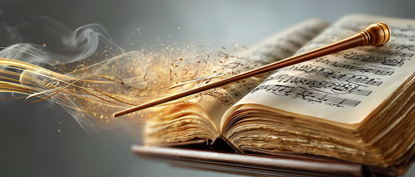 Conductor baton on sheet music with flowing golden light and spark trails