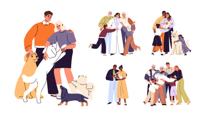Fototapeta premium Set of happy hugging families. Mother, father, old grandparents and kids are gathering together. Parents and children cuddle. People love and embrace. Flat isolated vector illustrations on white