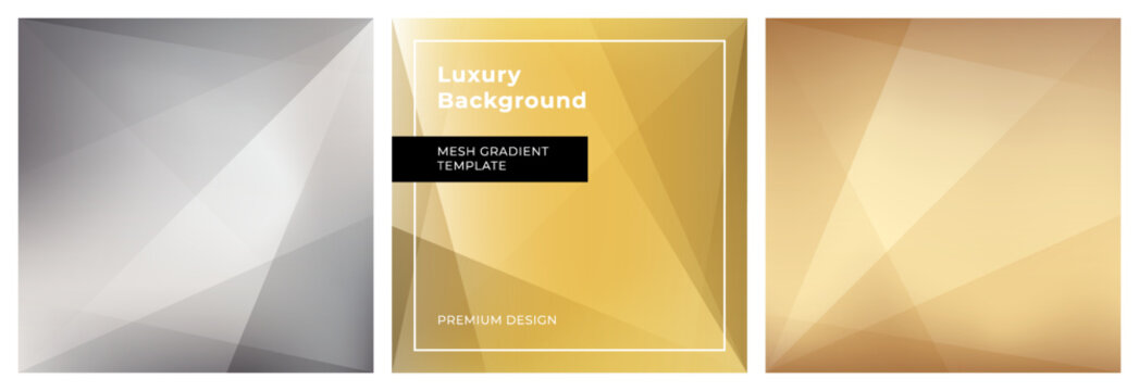 Premium matte metallic gradient backgrounds with faceted geometric layers and smooth light transitions. Elegant abstract set in gold, bronze and neutral tones with refined depth and subtle reflections