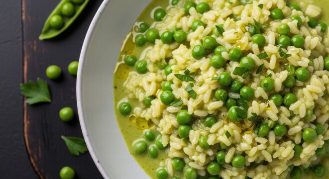 Traditional Italian Risi e Bisi dish with fresh peas and rice