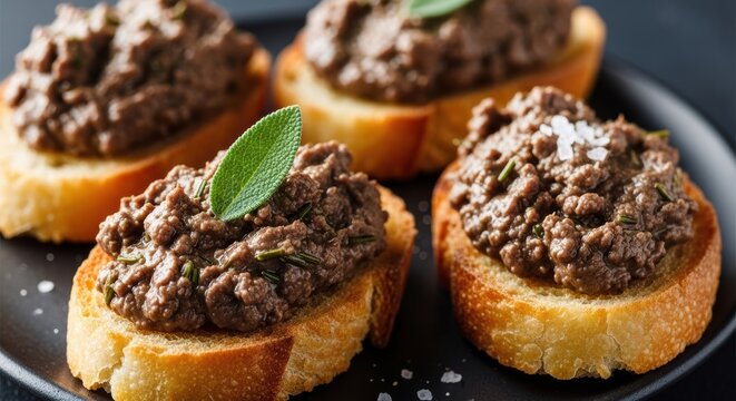 Tuscan crostini neri with chicken liver pate and sage garnish