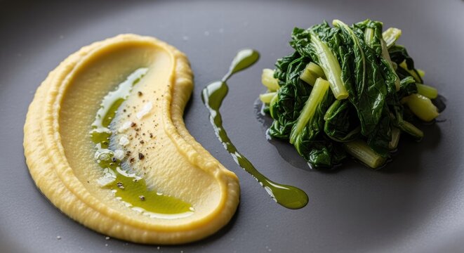 Fave e Cicoria: creamy fava bean puree with sauteed greens and olive oil drizzle