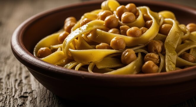 Lagane e ceci pasta dish served in a rustic bowl on a wooden table