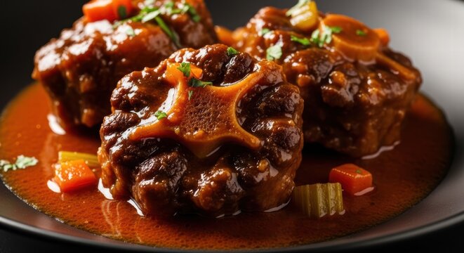 Traditional Italian Coda alla Vaccinara, a rich oxtail stew with vegetables