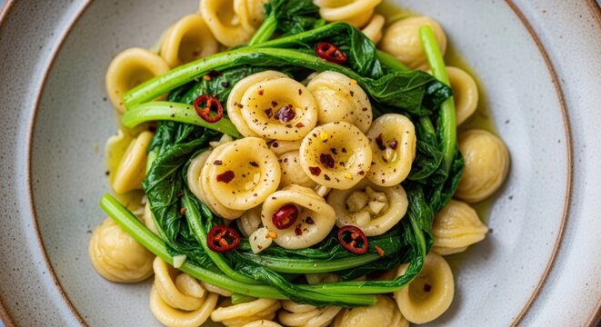 Orecchiette Lucane pasta dish with greens and chili flakes served in a rustic bowl