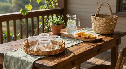 Fototapeta premium Glasses and pitcher arranged on wooden porch table