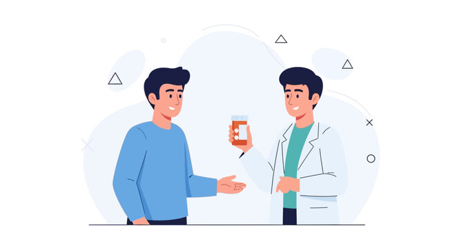 Doctor giving medicine bottle to patient, healthcare consultation, pharmacy service