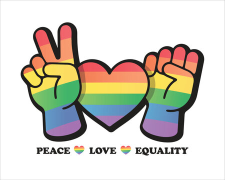 Peace, Love, Equality concept rainbow lgbtq color hand Peace heart and fighting hand sign vector design