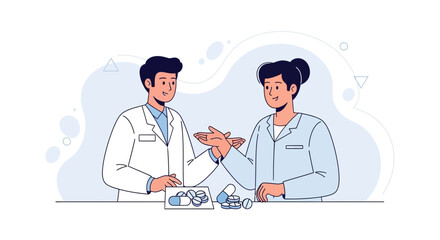 Fototapeta premium Two doctors discussing medication, with pills on a table, illustration