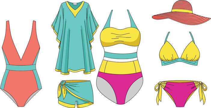 Collection of colorful women's swimwear and beach accessories, including bikinis, one-piece swimsuit, kaftan, sarong, and sun hat