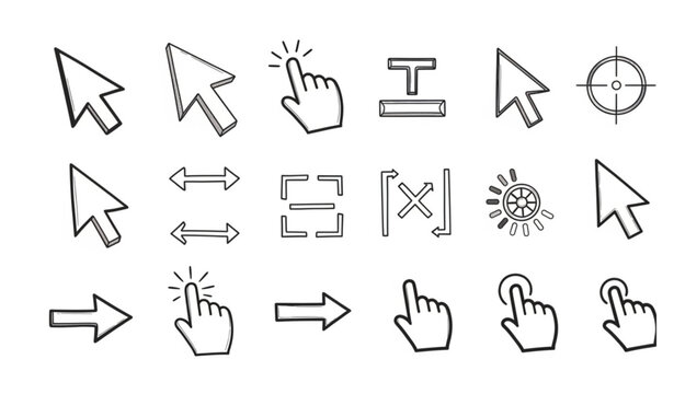 A modern hand-drawn vector collection of mouse cursors, click arrows, tap buttons, and pointer icons arranged in a clean minimal style. The set includes select cursor shapes, upward and downward arrow