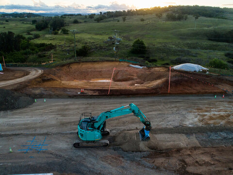 Excavator machine at construction of Singleton bypass happening April 2026