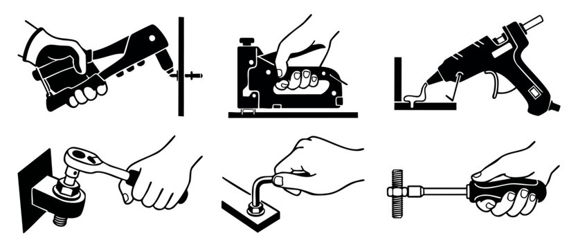 Construction Tools Icons Set Hand Operating Equipment for DIY Home Repair and Industrial Maintenance Tasks Including Riveter Staple Gun Hot Glue Wrench Allen Key Screwdriver Vector Illustration Design