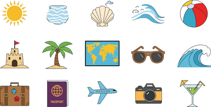 Collection of flat travel and vacation sun, waves, beach ball, sandcastle, palm tree, map, sunglasses, suitcase, passport, airplane, camera, and cocktail