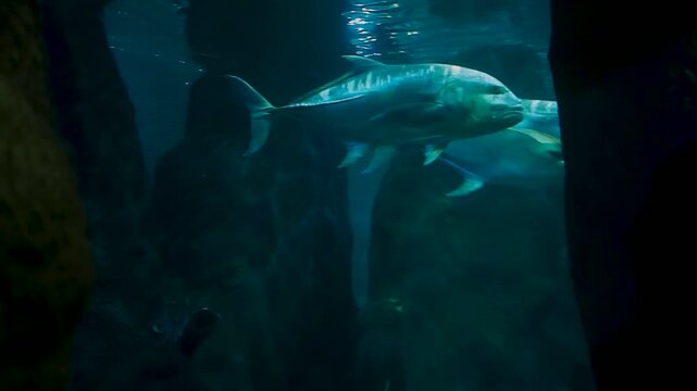 School of large caranx fish swimming through dark rocks in a massive oceanarium tank, horizontal video of giant trevally in a public aquarium exhibit, blue underwater marine life