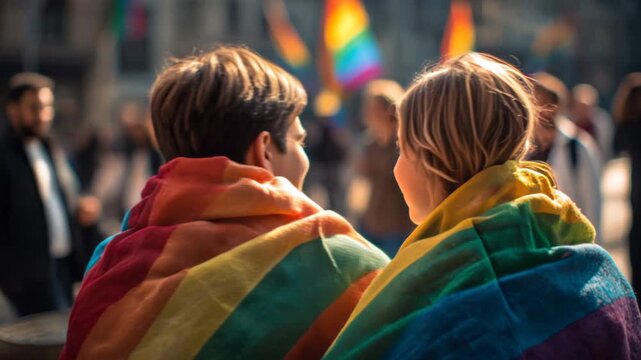 Gathering of people at pride event with rainbow flags at city square during daytime