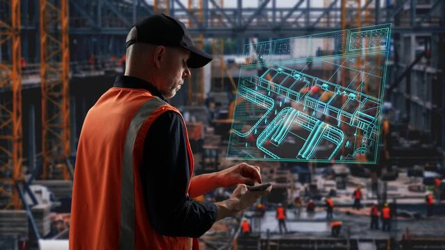 Worker Reviews Digital Site. Male Site Worker Interacts With Digital Holographic Floorplan Above Device