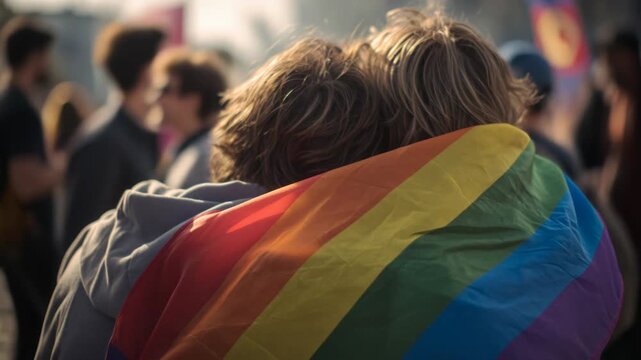 Two people hug and hold rainbow flag at Pride event in sunny outdoor location