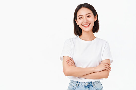 Studio portrait of a smiling young east asian woman wearing white t-shirt and jeans, crossing arms against pure white background.