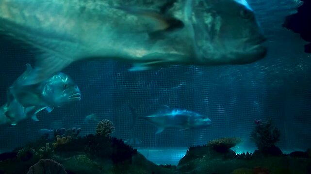 School of large caranx fish and a shark swimming together in a big oceanarium tank, horizontal video of predatory marine life in a public aquarium exhibition, blue underwater background