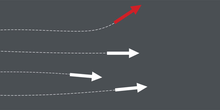 An abstract illustration depicting multiple dotted lines leading to white arrows, with one line curving upwards to a red arrow, symbolizing deviation or a unique path.