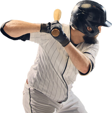 Baseball player swinging bat in motion isolated on transparent background close up. Concept of speed, impact, sport performance, strength and competitive energy in dynamic athletic movement.