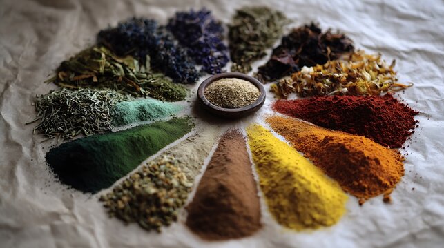 Vibrant assorted herbal colors arranged in a circle on a white background for natural dye or spice purposes