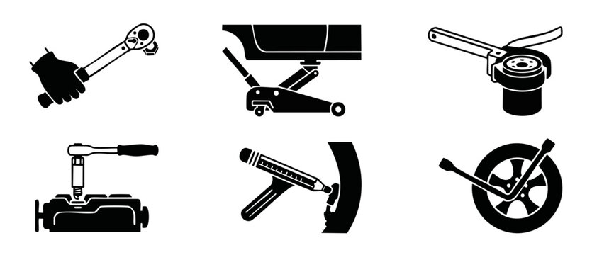 Automotive Repair Tools Icon Set - Mechanical Maintenance Equipment and Car Garage Services Vector Symbols for Workshop Mechanics and Vehicle Troubleshooting, Professional Auto Service Design Elements