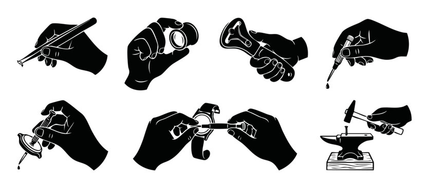 Watchmaker Hands Set Using Professional Repair Tools, Watch Repair Icons, Precision Maintenance Gear, Clockwork Mechanism Service Equipment, Black Silhouette Illustrations Collection for Technical Wor