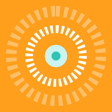 Minimalist geometric orange background with radial dashed sunburst circles and a central blue circle illustration