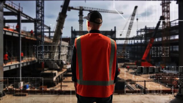 Male Worker Surveys Augmented Reality Blueprints During Structural Assessment At Construction Site