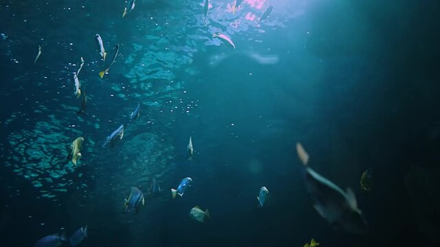 Horizontal shot of naso tang and monodactylus fish swimming in a large oceanarium tank with deep blue water, exotic marine life in a public aquarium exhibition with natural surface light reflections