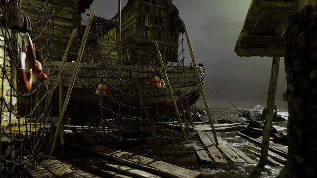 Nightfall trawler inspection on empty pier with damp boards and tangled nets, horizon barely visible under muted glow, scene of solitary upkeep and maritime