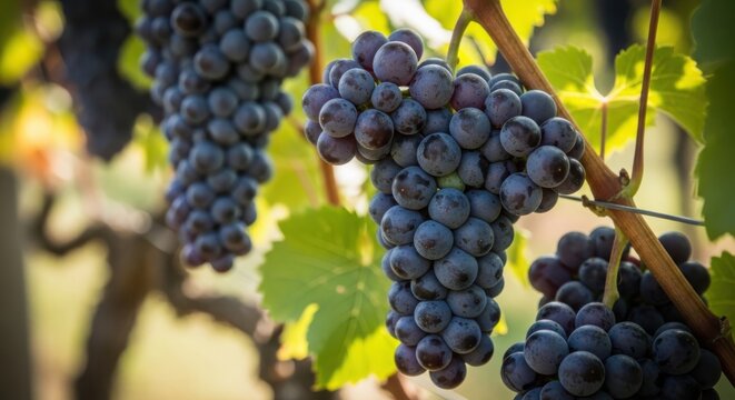 Abundant cluster of ripe purple grapes hanging from lush green vines in a sunlit vineyard, showcasing nature's bounty