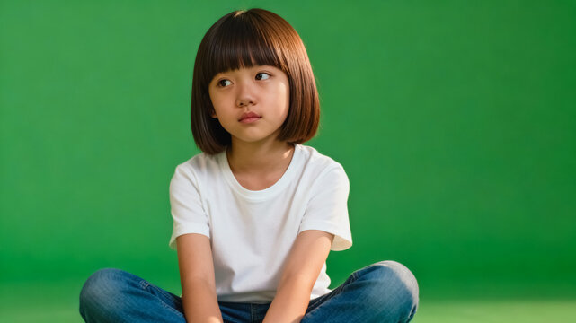 A preteen East Asian female child with bobcut hairstyle sits cross-legged against a solid green studio background, wearing casual white t-shirt and denim jeans.