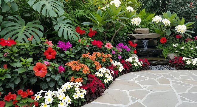 A beautifully landscaped garden featuring a winding stone path, a small waterfall, and an abundance of colorful flowers and lush green tropical plants.